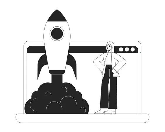 Online Startup Bw Concept Vector Spot Illustration Virtual Business Startupper 2 D Cartoon Flat Line Monochromatic Character For Web UI Design Editable Hero Image For Landing Page Mobile Header Illustration
