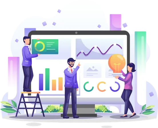 Data Analysis Concept With Business People Character Are Analyzes Charts And Graphic Data Visualization On Giant Computer Screen Flat Vector Illustration Illustration
