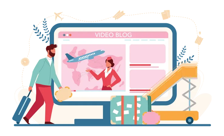 Stewardess Online Service Or Platform Beautiful Female Flight Attendants Help Passenger In Airplane Video Blog Isolated Flat Vector Illustration Illustration