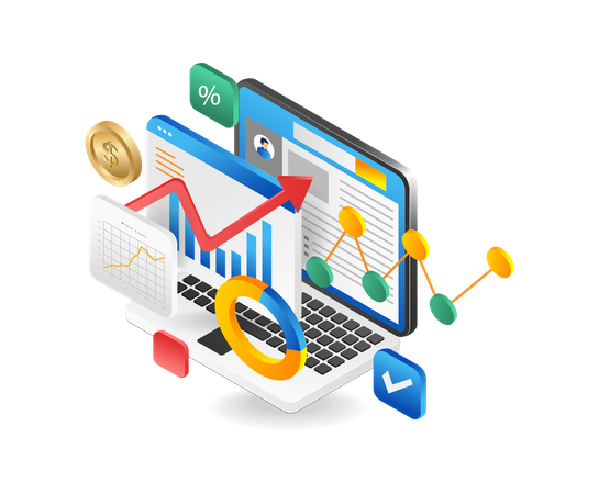 Online stock business analysis and data management  Illustration