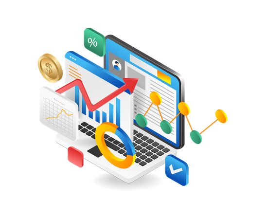 Online stock business analysis and data management  Illustration