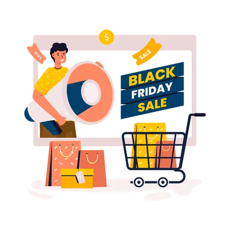 Black Friday Shopping Seasonal Sale With A Man Holding A Loudspeaker On Screen Illustration Illustration