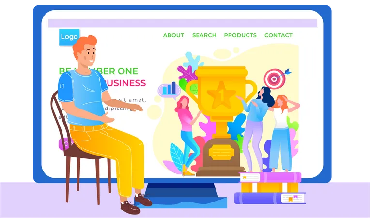 Business App Internet Shop Website Layout Online Store Landing Page Template Pastime For Entrepreneurs Chatting Via The Internet Paid Program With Statistics Guy Is Looking At The Screen Illustration