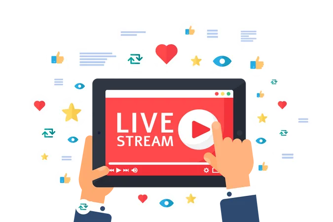 Live Stream On Tablet Top View Concept Illustration Businessman Watching Online Streaming Broadcast In Real Life Display In Hands Semi Flat Cartoon Drawing Vector Isolated Color Podcast イラスト