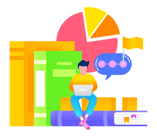 Guy Sitting On Stack Of Books And Studying Online Teenager Learning Educational Material Using Laptop With Internet And Textbooks From Library Diagram Icon With Statistics Data Vector Illustration Illustration