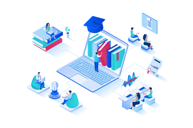 Online Studying 3 D Isometric Web Design People Read Books And Study Textbooks Improve Skills And Knowledge Study At University Or Take Courses Graduate Online Schools Vector Web Illustration Illustration