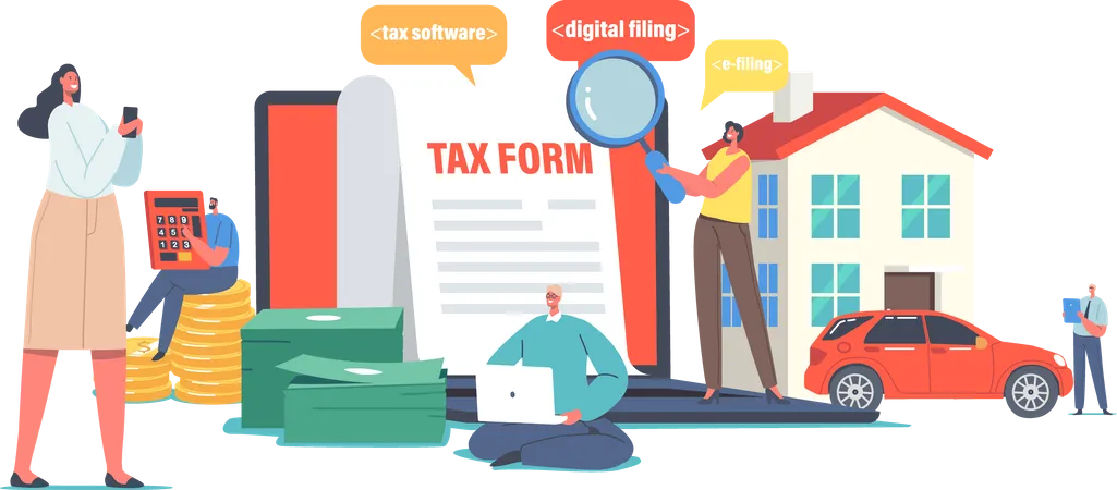 Characters Calculate Online Tax Payment Concept Tiny People Filling Huge Application For Tax Form Online Taxation Submitting System Software For Payment E Filling Cartoon Vector Illustration 일러스트레이션