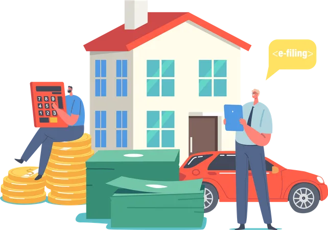 Tiny Male Characters Making Online Tax Payment Man With Huge Calculator Dollar Coins Real Estate And Car Count Finance Budget Audit Savings Income Taxation E Filling Cartoon Vector Illustration Illustration