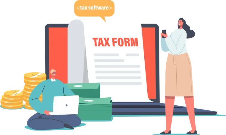 Online Tax Payment Concept Young Woman Filling Application For Tax Form Man With Laptop Make E Filling Tiny Characters Calculating Payment Or Finance Report Cartoon People Vector Illustration Illustration