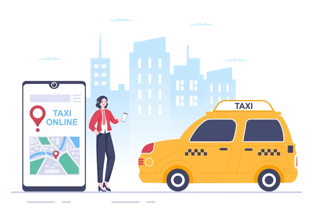 Online Taxi Booking Travel Service Flat Design Illustration Via Mobile App On Smartphone Take Someone To A Destination Suitable For Background Poster Or Banner Illustration