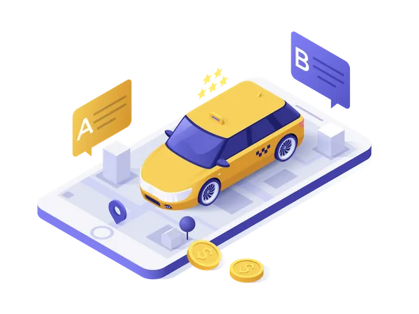 Landing Page With Car Or Cab On Giant Smartphone With City Map On Screen Departure And Destination Points And Place For Text Isometric Vector Illustration For Mobile Taxi Service Advertisement Illustration