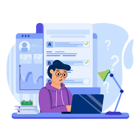 Online Testing Concept Man Fills Out Online Questionnaire Form By Ticking Answers Student Takes Exam On Remote Learning Template Of People Scenes Vector Illustration With Characters In Flat Design 일러스트레이션