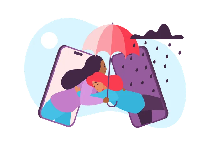 Online Therapy Psychology Help And Support In Depression And Stress Vector Illustration Cartoon Female Counselor Holding Umbrella To Protect From Rain And Comfort Hugging Sad Girl From Phone Illustration