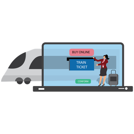 Online train ticket booking on laptop with woman and train  Illustration