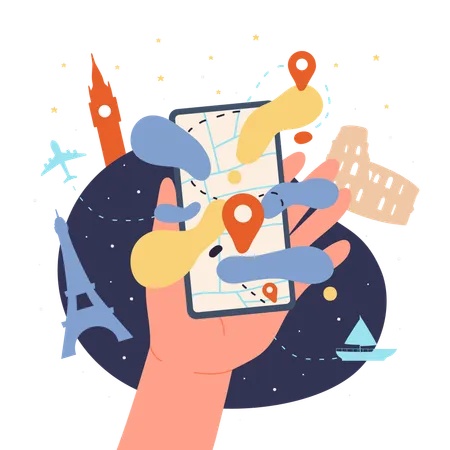 Online Service Tour Guidance Concept Virtual Guide App For Travel Destination Search Cartoon Tourists Hand Holding Mobile Phone With City Map And Road Direction On Display Flat Vector Illustration Illustration