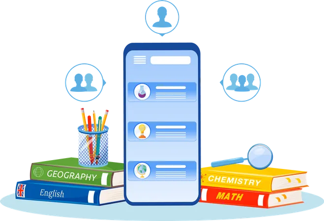 Online Tutoring Flat Concept Vector Illustration Distance Education High School Subjects Learning Smetaphor Remote Lessons Homework Help Mobile Phone And Textbooks 2 D Cartoon Objects イラスト
