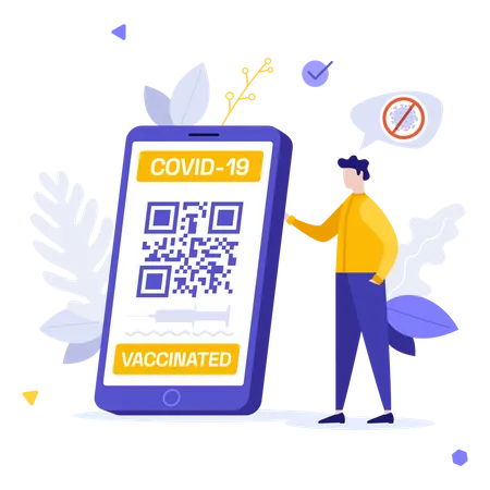 Man And Smartphone With Digital Vaccine Certificate With QR Code On Screen Concept Of Mobile Application To Prove Vaccination Status Proof Of COVID 19 Immunity Modern Flat Vector Illustration Illustration