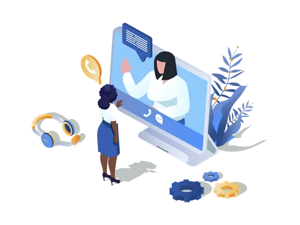 Online Video Call Concept 3 D Isometric Web Scene People Talking In Video Programm Discussing Work Tasks Distant Consulting At Virtual Conference Vector Illustration In Isometry Graphic Design Illustration