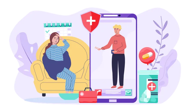 Treatment Of Coronavirus Concept Guy On Phone Screen Gives Pills To Sick Girl Online Video Call Woman Wrapped In Blanket Suffering From Headache Female Character Communicating Via Video Link イラスト