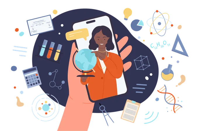 Cartoon Hand Holding Mobile Phone With Female Teacher Globe On Screen Professor Teaching Science To Student Virtual Lecture Online Video Lesson Distance Education Dark Concept Vector Illustration Illustration