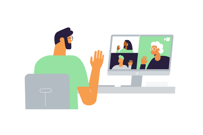 Online video meeting between a young man and group of people  Illustration