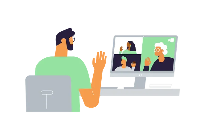 Vector Illustration On Which Male Character Communicates On Online Conference On The Computer Screen Interface Of Video Chat With Colleagues Family Or Friends Illustration