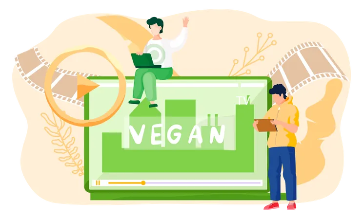 Guy Stands With Tablet And Communicates At A Distance Man Sits On The Monitor With A Laptop And Working Or Studying Online Green Tablet Screen With Inscription Vegan Freelancer Typing On Laptop Illustration
