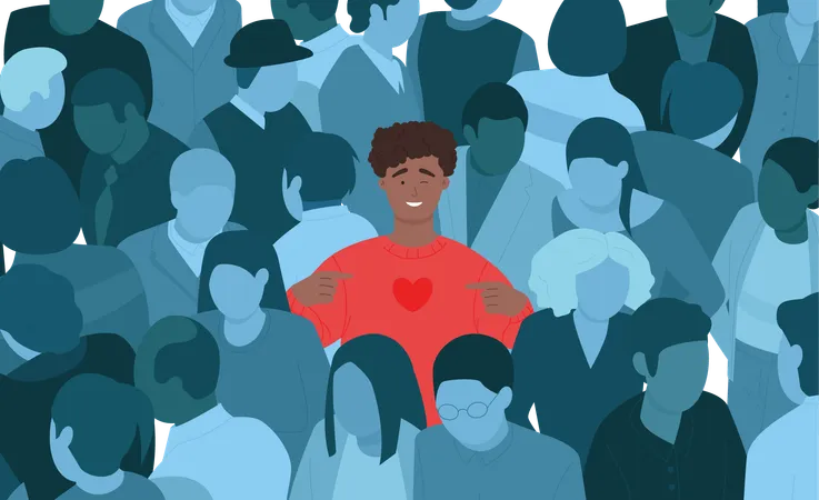 Happy Man In Crowd Vector Illustration Cartoon Isolated Only One Guy With Satisfied Face Among Faceless Sad People Of City Unique Talent Male Character Standing Among Gathering Group In Shadow イラスト