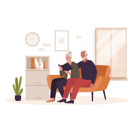 Opa und Oma lesen ein Buch auf dem Sofa  Illustration