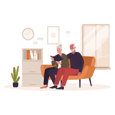 Opa und Oma lesen ein Buch auf dem Sofa  Illustration