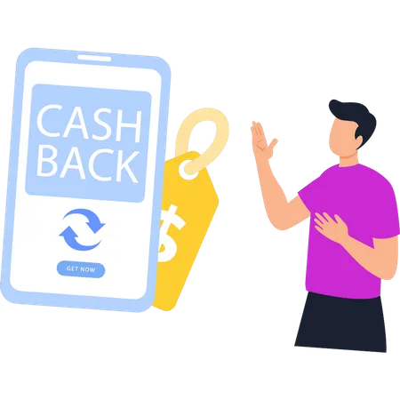 Jovem olhando para a opção de cashback  Illustration