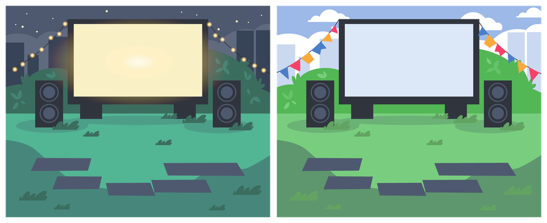 Open air cinema with blankets on green lawn in city park  Illustration