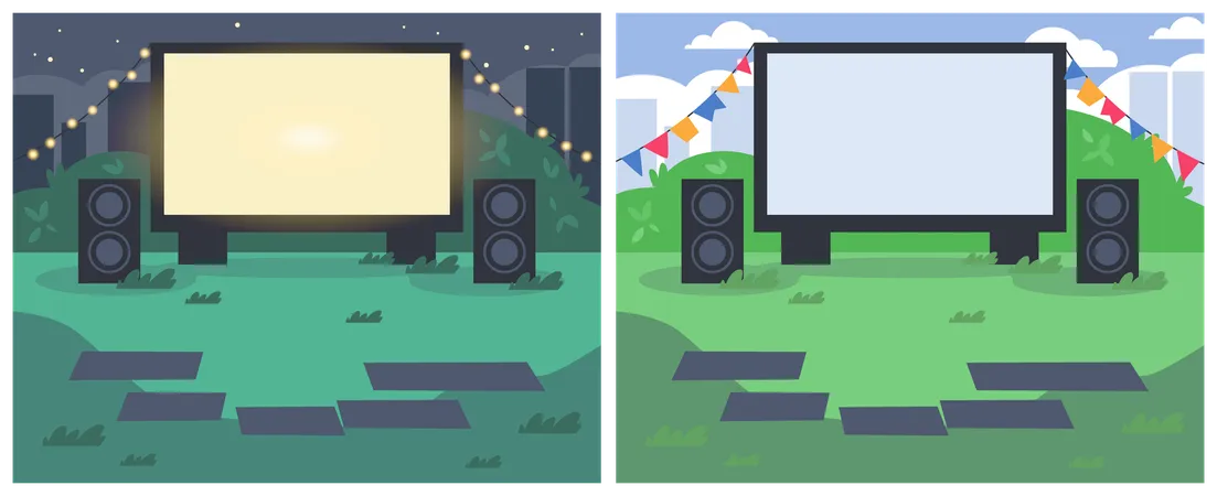 Open air cinema with blankets on green lawn in city park  Illustration