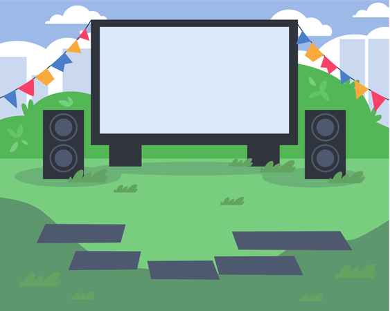 Open air cinema with blankets on green lawn in city park  Illustration