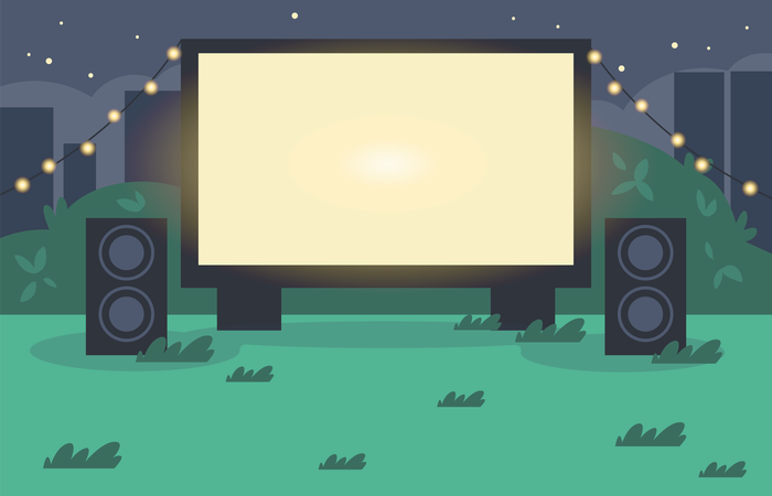 Open-Air-Kino auf grüner Wiese im Stadtpark  Illustration