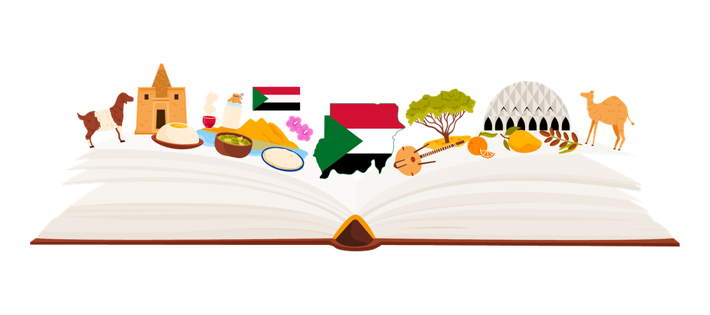 Open book of Sudanese culture and heritage  Illustration