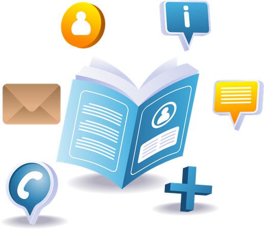Open book with floating social media properties  Illustration