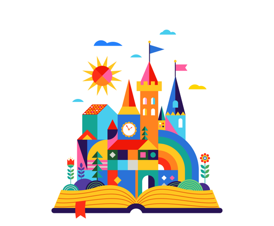 Open book with geometric fairy tale kingdom, knight castle, children room, class wall decoration  Illustration