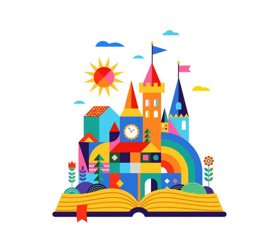 Open book with geometric fairy tale kingdom, knight castle, children room, class wall decoration  Illustration