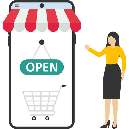 Concept Of Open Online Store Or Shop Website For E Commerce To Sell Products Businessman Flipping Open Sign On Online Shop Mobile Site With Customers Waiting To Buy Retail Products Illustration