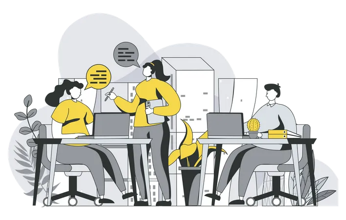 Open Space Concept With Outline People Scene Men And Women Work Together In Coworking Office Communication Collaboration And Teamwork Vector Illustration In Flat Line Design For Web Template イラスト