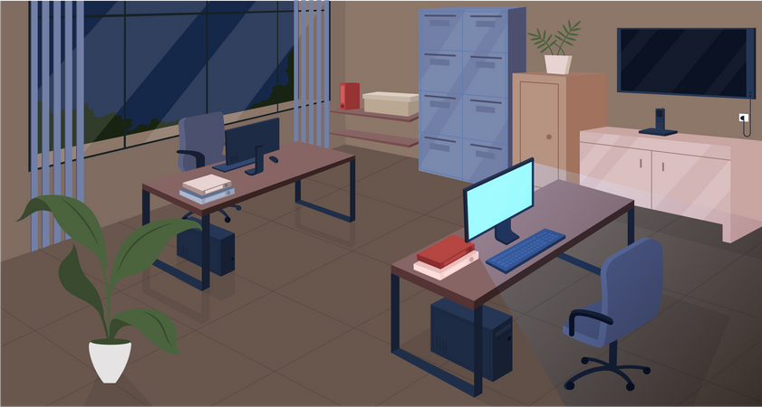 Open space office at night  Illustration