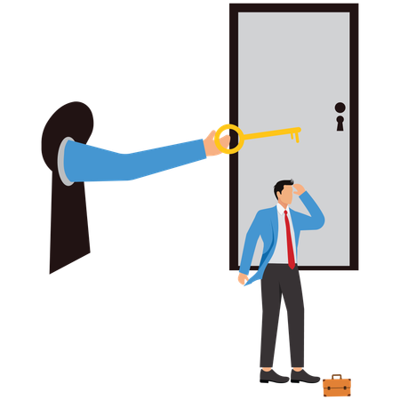 Open the door with a key, The Businessman  hand holding the key sticks out of the keyhole  Illustration