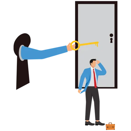 Open the door with a key, The Businessman  hand holding the key sticks out of the keyhole  Illustration