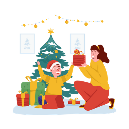 Opening Christmas gift Illustration