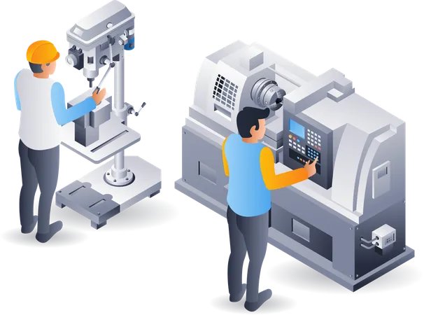 Operador de torno CNC e furadeira  Ilustração