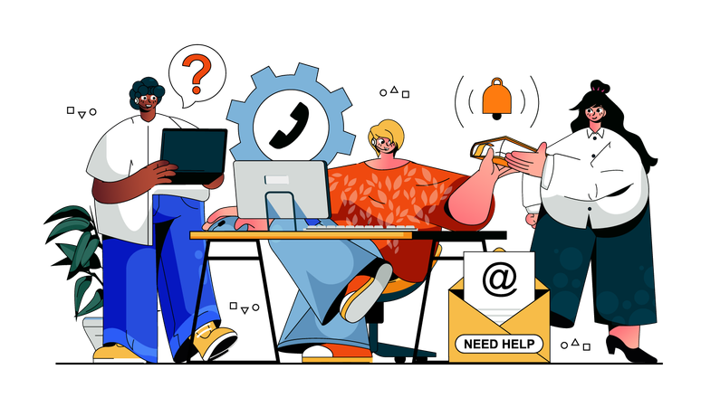 Operadores atendem chamadas e mensagens de clientes e resolvem problemas técnicos em chats  Illustration