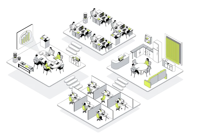 Operadores de soporte técnico en oficina con áreas de trabajo y baños interiores.  Ilustración