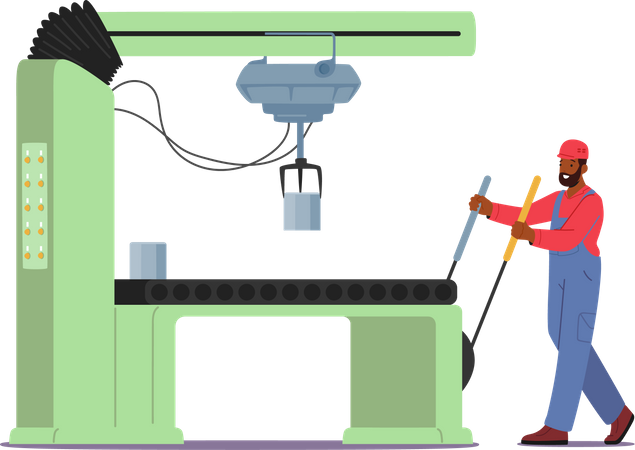 Operário de fábrica gerencia máquina automatizada em detalhes de produção de fabricação  Ilustração