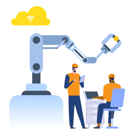 L'opérateur travaille sur un ordinateur portable avec des commandes de bras robotiques sans fil  Illustration